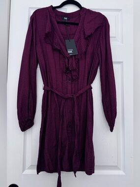 PAIGE Long-Sleeve Ruffle Shirt Dress in Red Wine Color